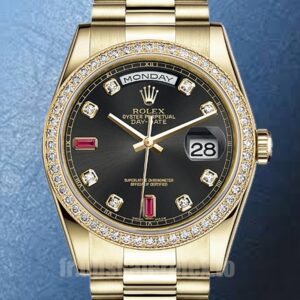 Rolex Day-Date m118348-0209 Pour des hommes 36mm Cadran noir Ton d'or
